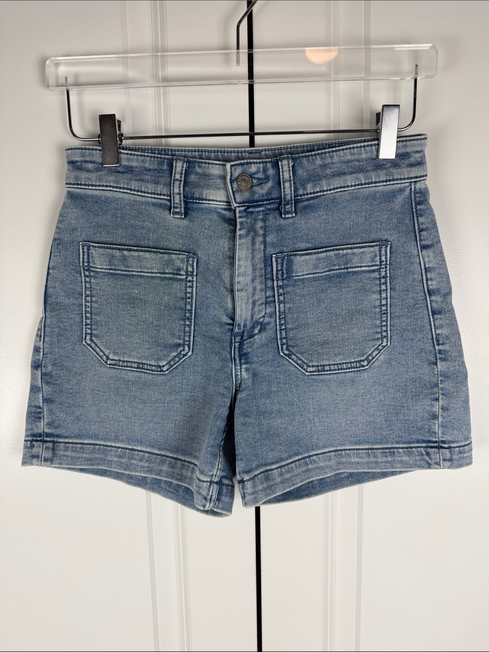 FAHERTY Stretch Terry Patch Pocket Light Blue High-Rise Denim Shorts - Picture 3 of 8